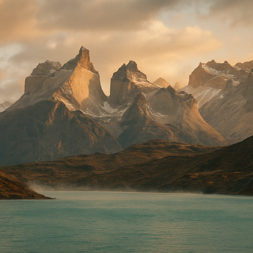 Mist over the peaks of Patagonia at golden hour
